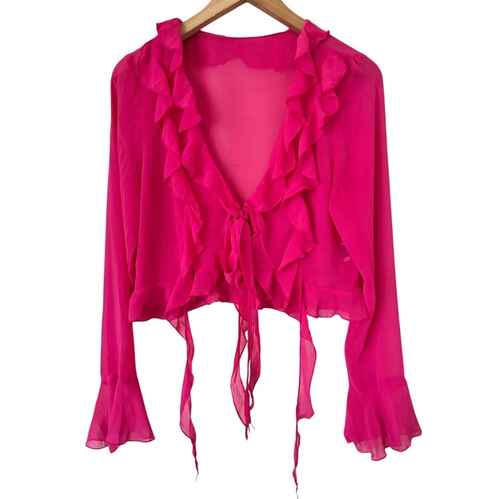 SHEIN Fairycore Hot Pink Ruffle Tie Front Cropped Blouse Bell Sleeve Top L